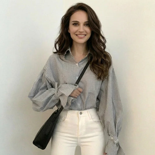 【それどこの？と言われるシャツ】ふんわり袖が女性らしさをプラス。ストライプボリュームスリーブシャツ
